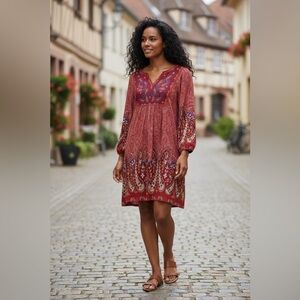 White Mark Red Paisley Boho Long Sleeve Dress. Size Large.